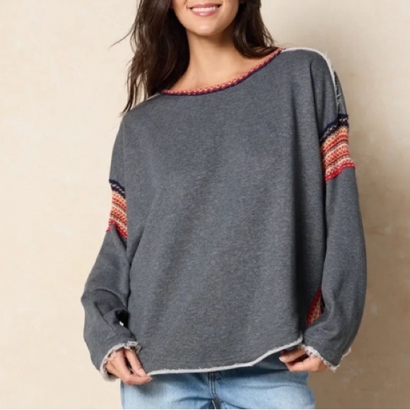 Natural Life - Colorful Knit Trim - Oversized Sweatshirt - Boho Sleeves - L/XL - Picture 2 of 12